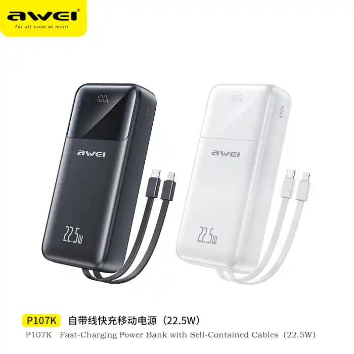 Awei P107K 20000mAh Powerbank 22.5W Fast charger with Built-in Cable Multiple Protection Long Battery Life for iOS&Android Mobile Phone